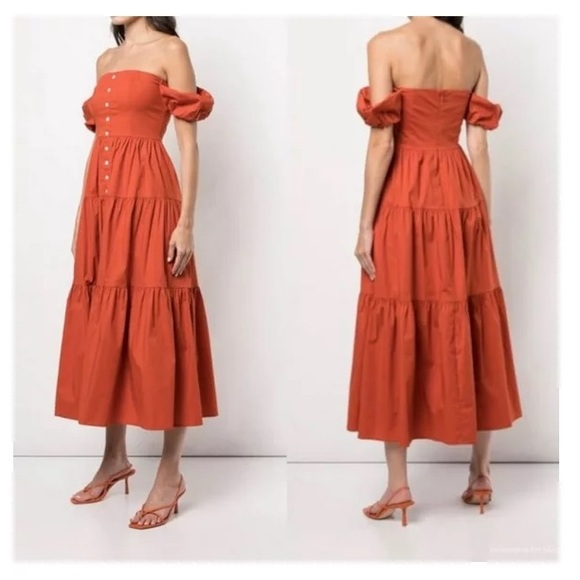 STAUD Dresses & Skirts - NWT! STAUD Elio Dress off the shoulder puff sleeve summer orange rust . Size 8